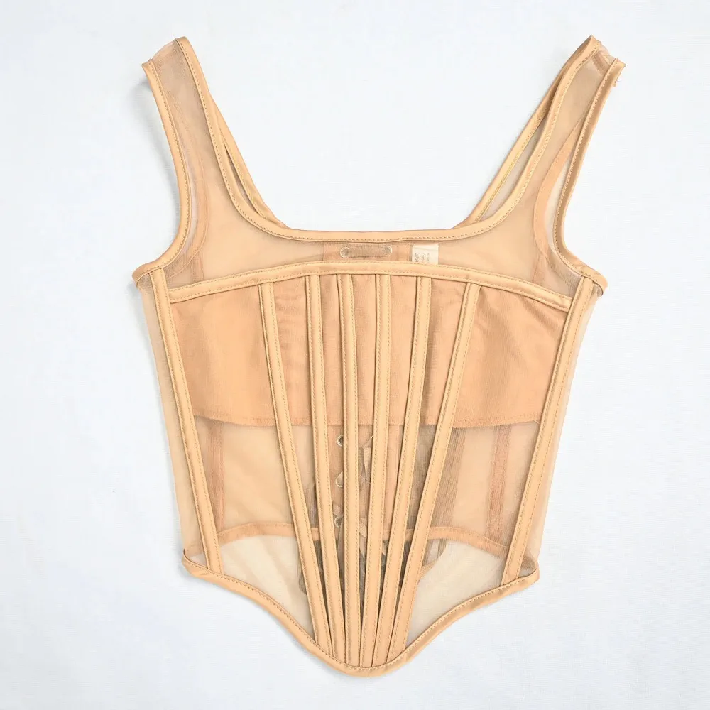 Women Summer Bustier Corset Vest OverBust Lace Up Boned Shaping Tops Bodice Transparent Mesh Waist Trainer Slim Fit Tube Tops view 6