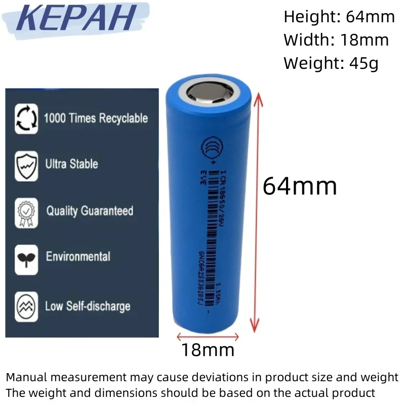 100% originale kepah ICR 18650/26V 3.6V 18650 2550mAh Capacità sufficiente Batteria al litio ricaricabile Torcia elettrica Batteria