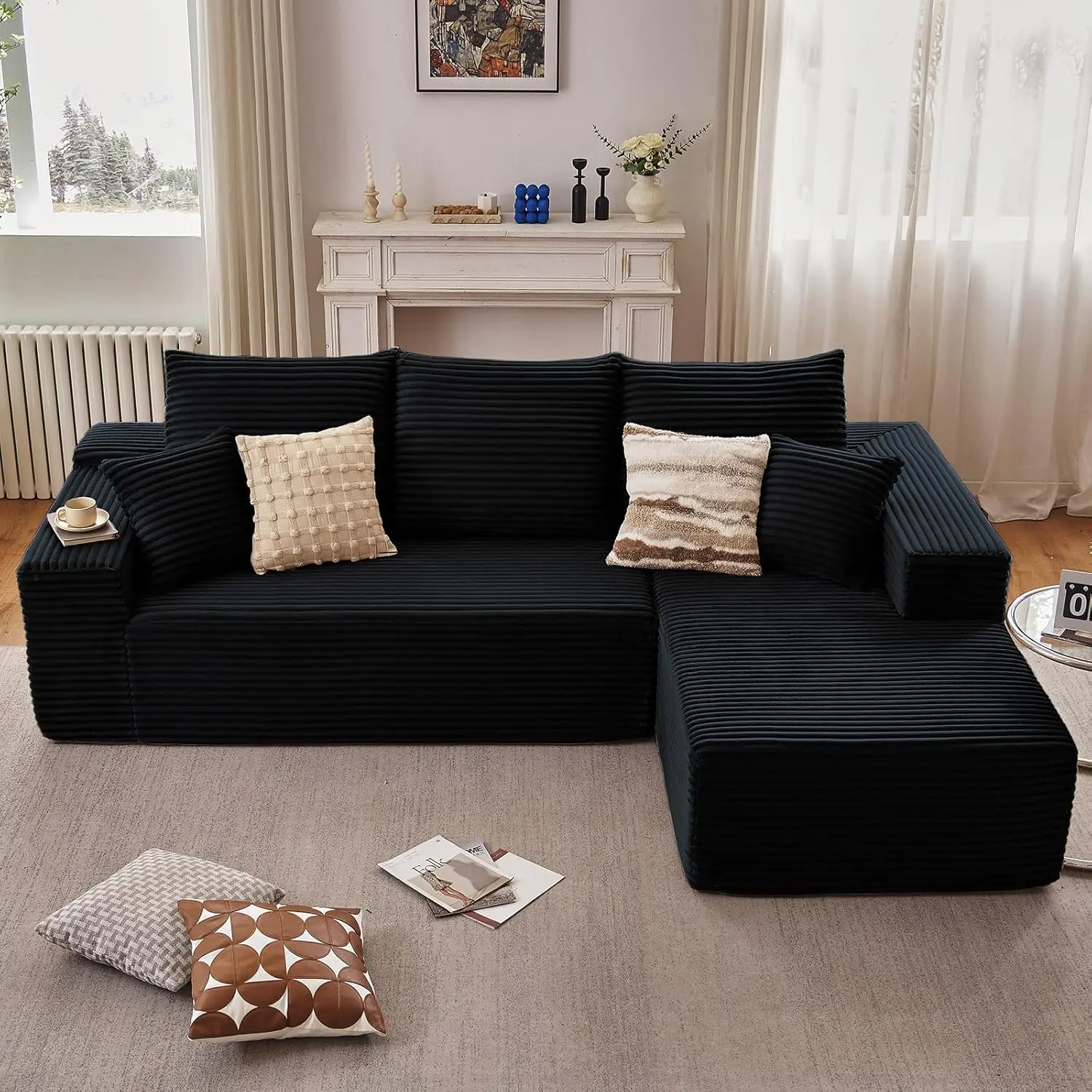 Modular Sectional Couch, Cloud-L Shaped with Chaise, Corduroy Deep Seat, Memory Foam, No Assembly, Black