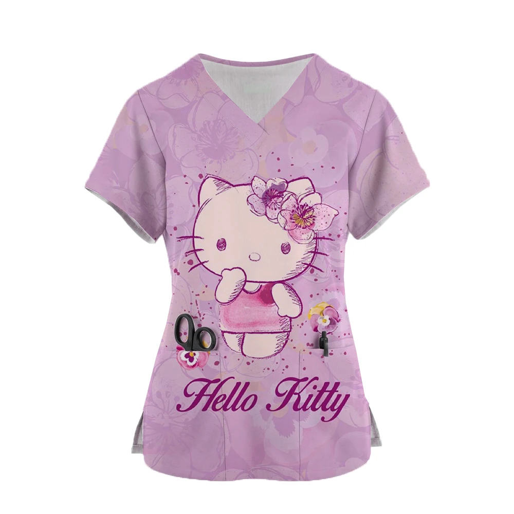 Women Short Sleeve Scrub Tops Hello Kitty Print Nurse Uniform V-Neck Pocket Care Workers T-Shirt Tops Clinic Working Clothing