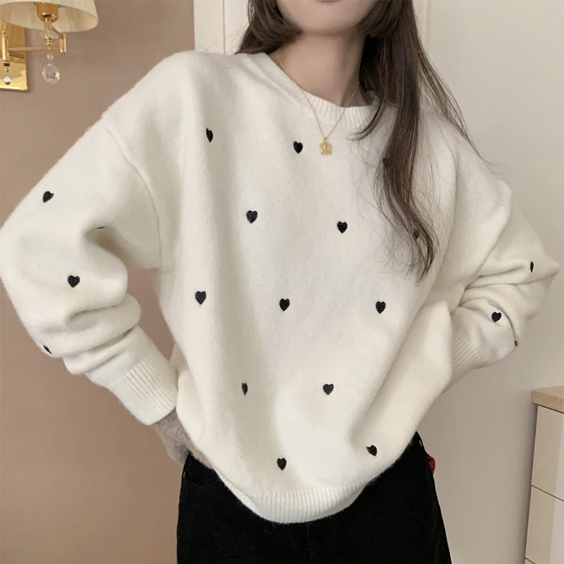 سترة شتوية أنيقة محبوكة بأكمام طويلة ورقبة دائرية وطبعة قلب كاجوال فضفاضة مناسبة ومتعددة الاستخدامات ومريحة للنساء، نمط عصري ...