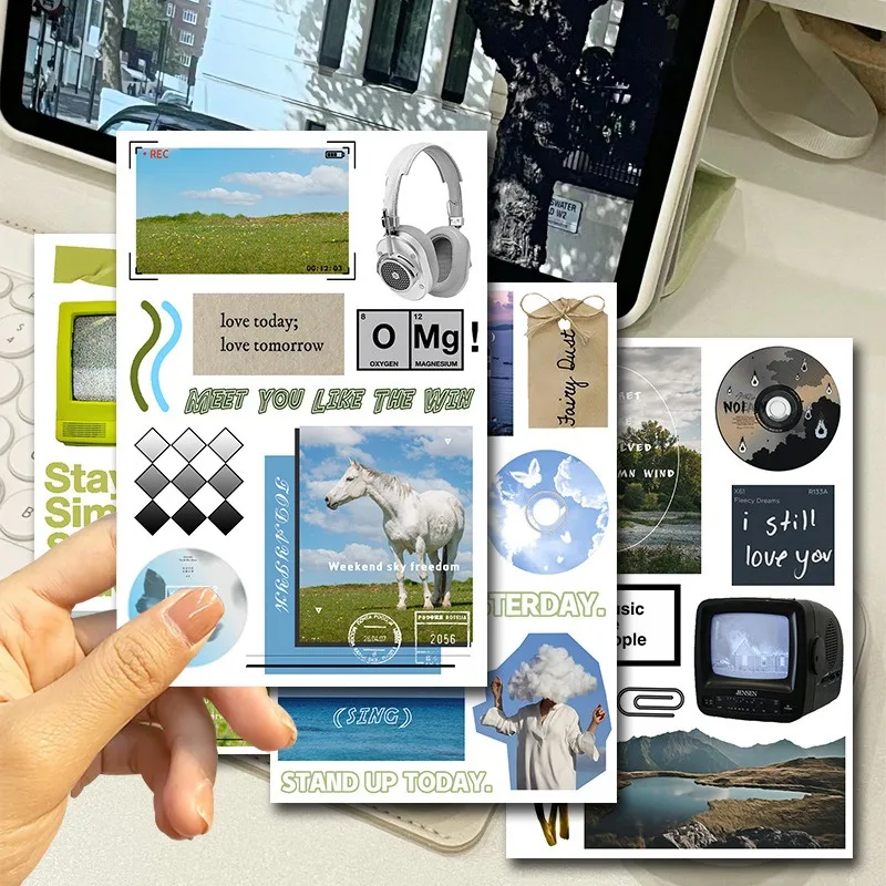 

4 листа наклейки с горами и морем, вырезанные наклейки с природным пейзажем для журнала, скрапбукинга, чехол для телефона, декор «сделай сам», Ins, наклейка, подарок