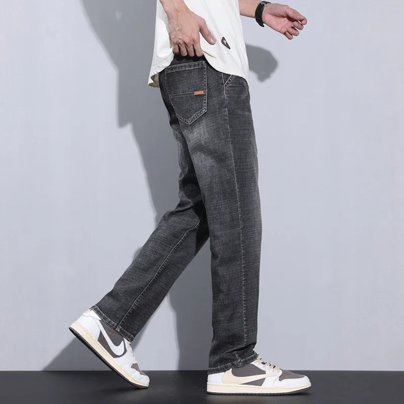 Brand Men's New Casual Straight Jeans Korean Style Fashion Loose Pants Retro Stretch Classic Men's Denim Trousers Blue Gray