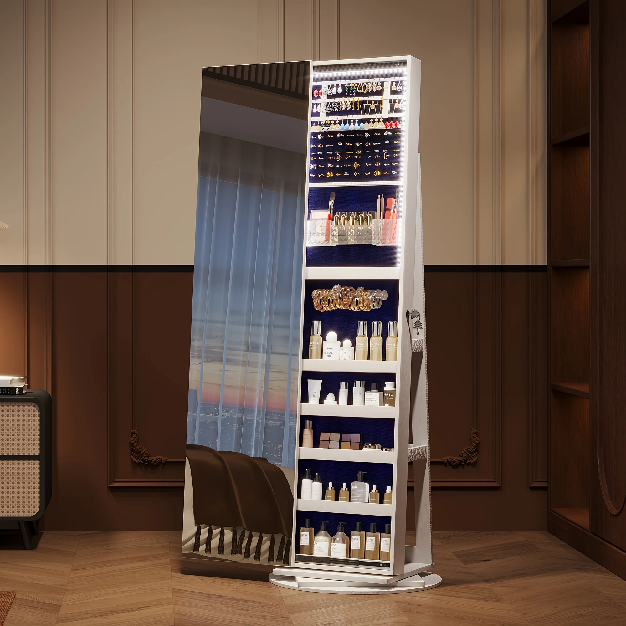 

HWB 360 ° Вращающийся шкаф для хранения украшений с подсветкой и зеркалом в полный рост - вертикальный шкаф-гардероб с выдвижными ящиками и просторным отделением