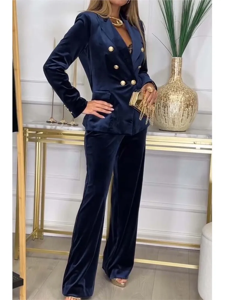بدلة على الموضة معطف مجموعة للنساء أنيقة الصلبة طويلة الأكمام الخامس الرقبة القمم عالية الخصر بنطال ذو قصة أرجل واسعة 2 قطعة مجموعات سيدة مكتب الملابس
