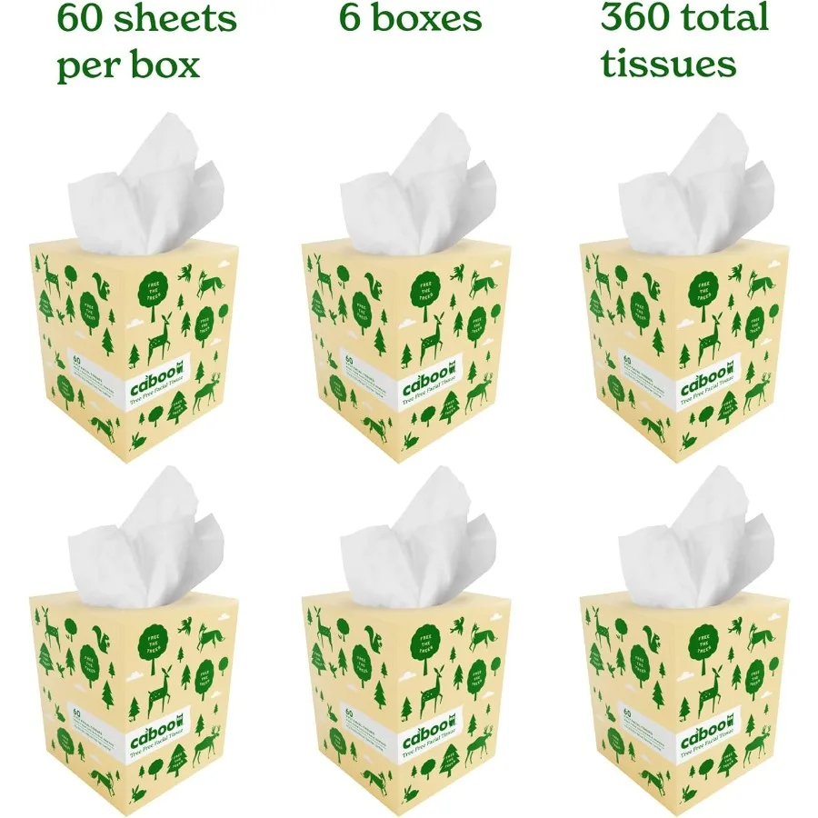 ツリーフリー フェイシャルティッシュペーパー ティッシュボックス 1キューブあたり60枚入り 合計6キューブ 計600枚 エコフレンドリーな家庭用および旅行用