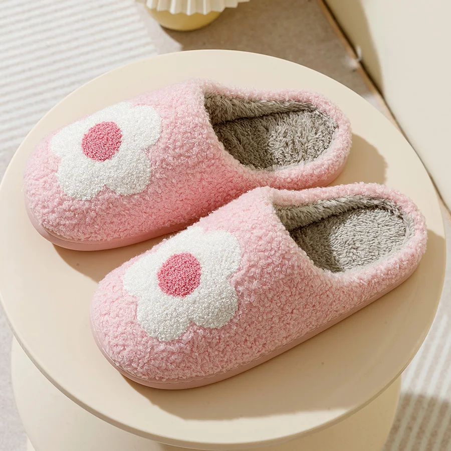 Pink Women Cute Slippers Home Eye Flower Embroidered Winter Warm Soft Thicken Sole Houseshoes Bedroom Cushion Slides