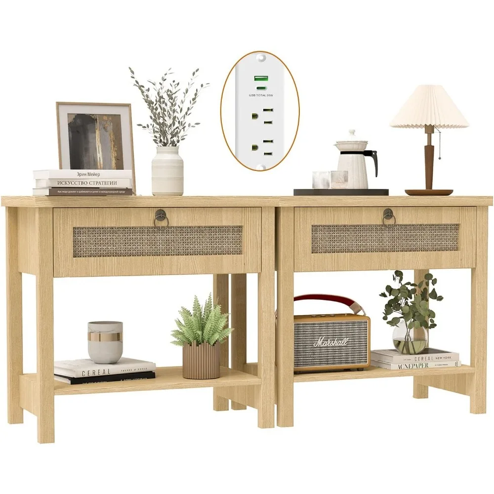 

2-piece Set of Large Bedside Table with Drawers and Open Bookshelf, Equipped with Charging Station