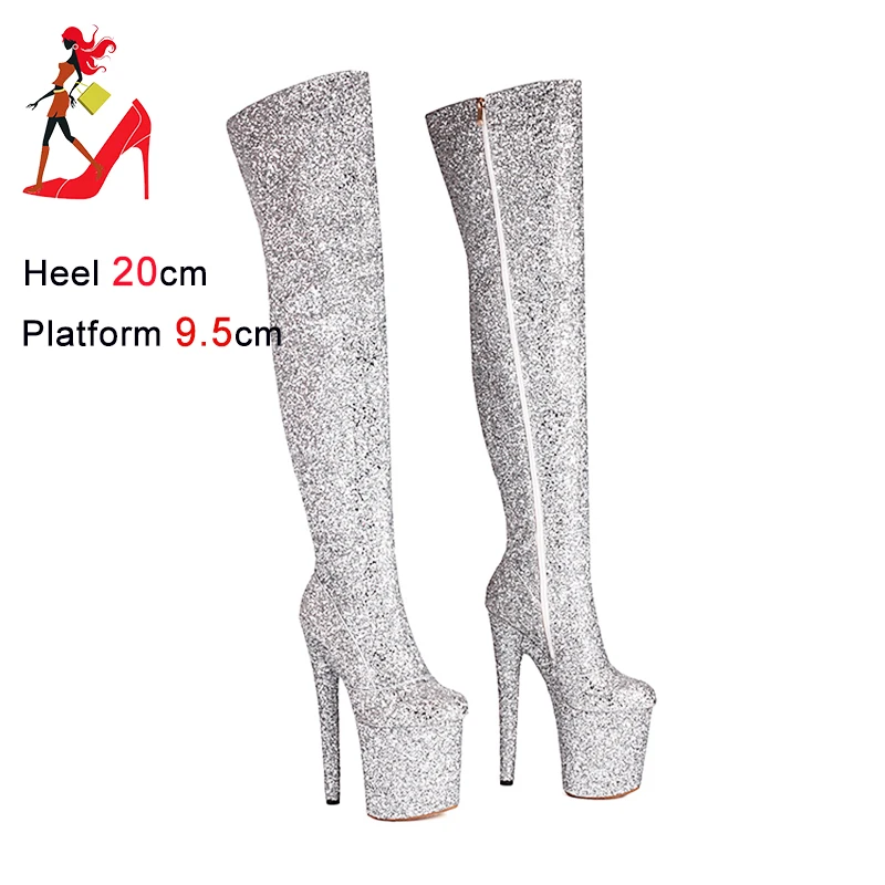 Extreme Pole Dance Boots 20CM/8InchOver the knee Boots Autumn Winter Platform High Heels Bling Glitter Women Shoes Large Size 43