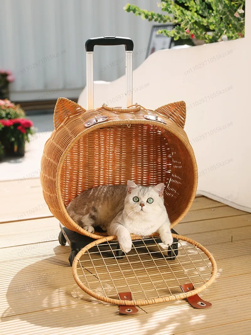 

Портативная тележка для кошек на выходе, плетеный чехол на тележке, клетка, автомобильный чемодан для домашних животных, тележка для кошек