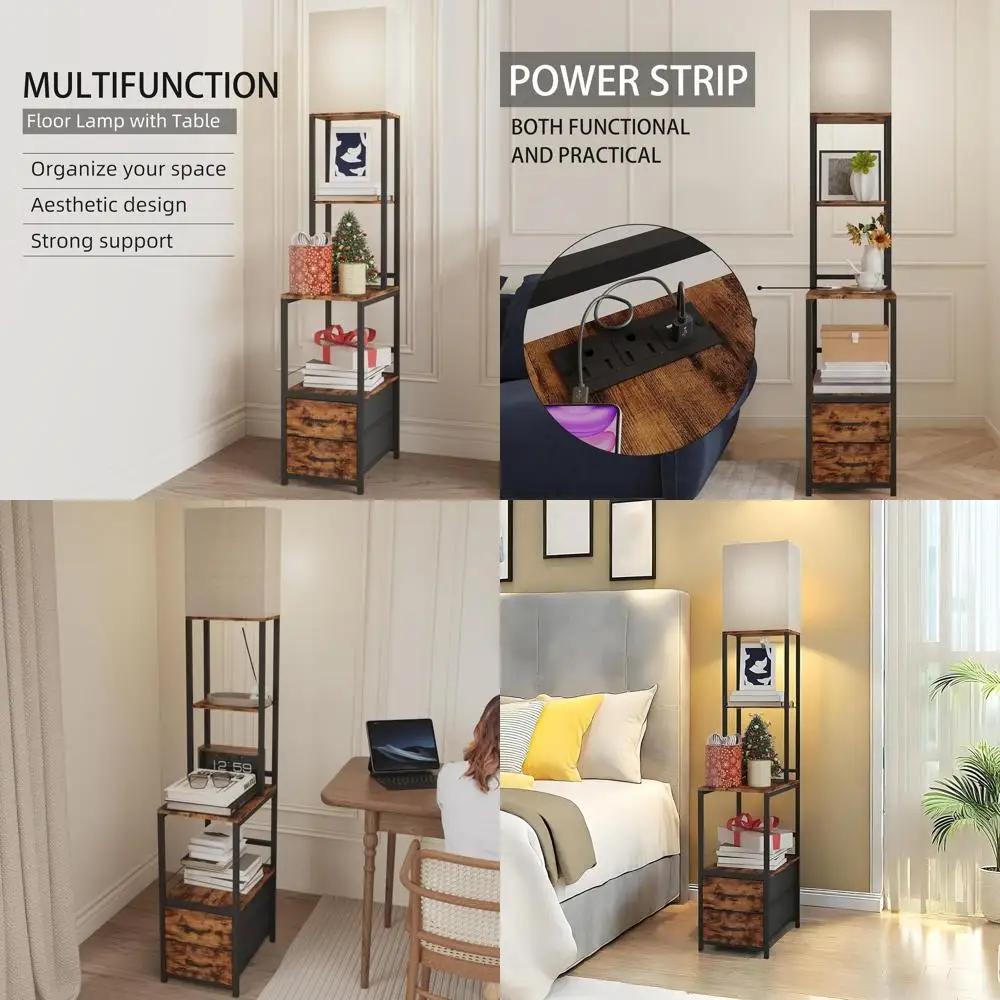 

Charging Station Tall Side Table, Floor Lamp with Table & Drawers, Rustic Corner Shelf, 3-Temperature Brown Bedside Lamp for Hom