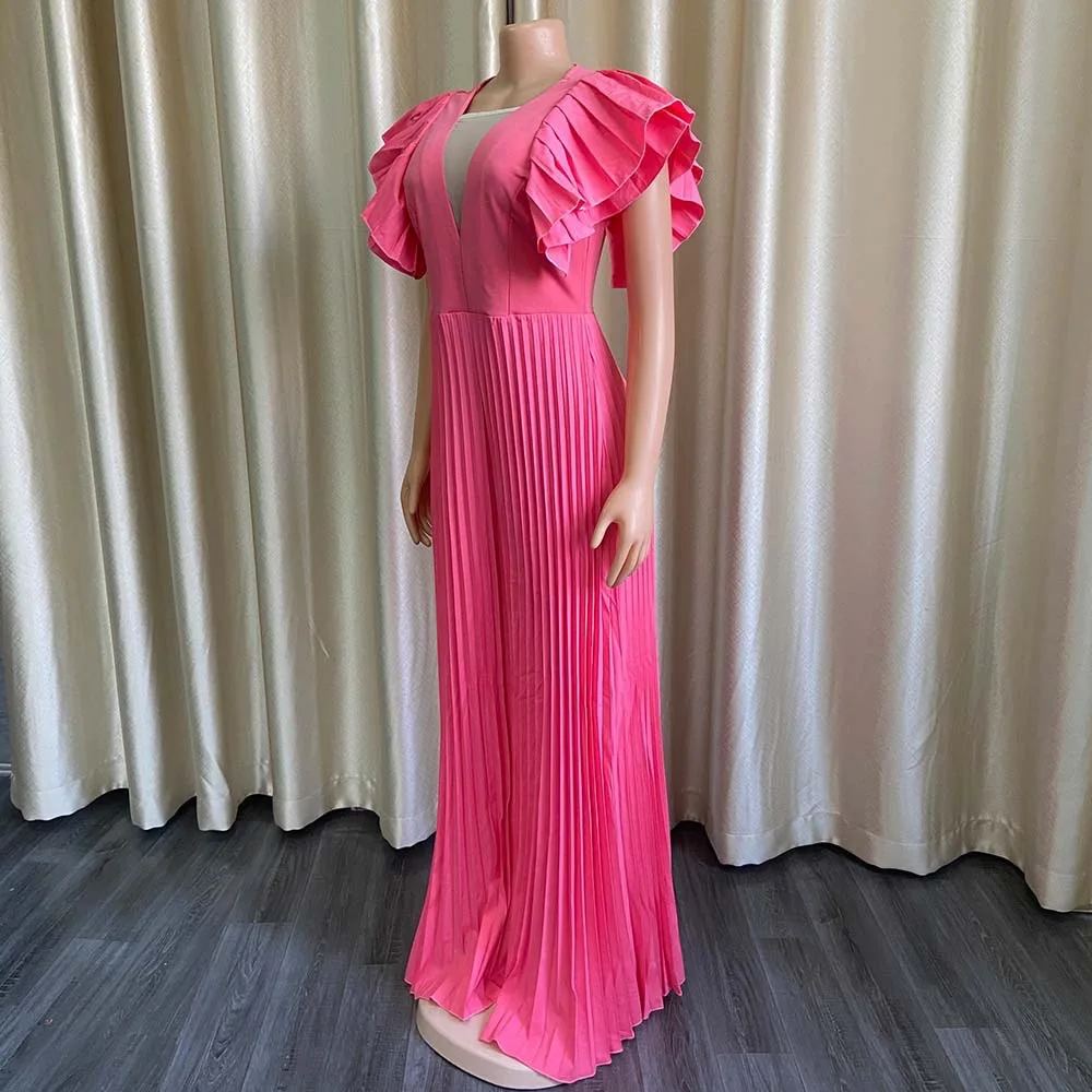 Elegant Pleated Jumpsuits & Rompers for Women V Neck Ruffles Sleeve High Waisted Floor Length Luxury Birthday Party Dinner Cloth