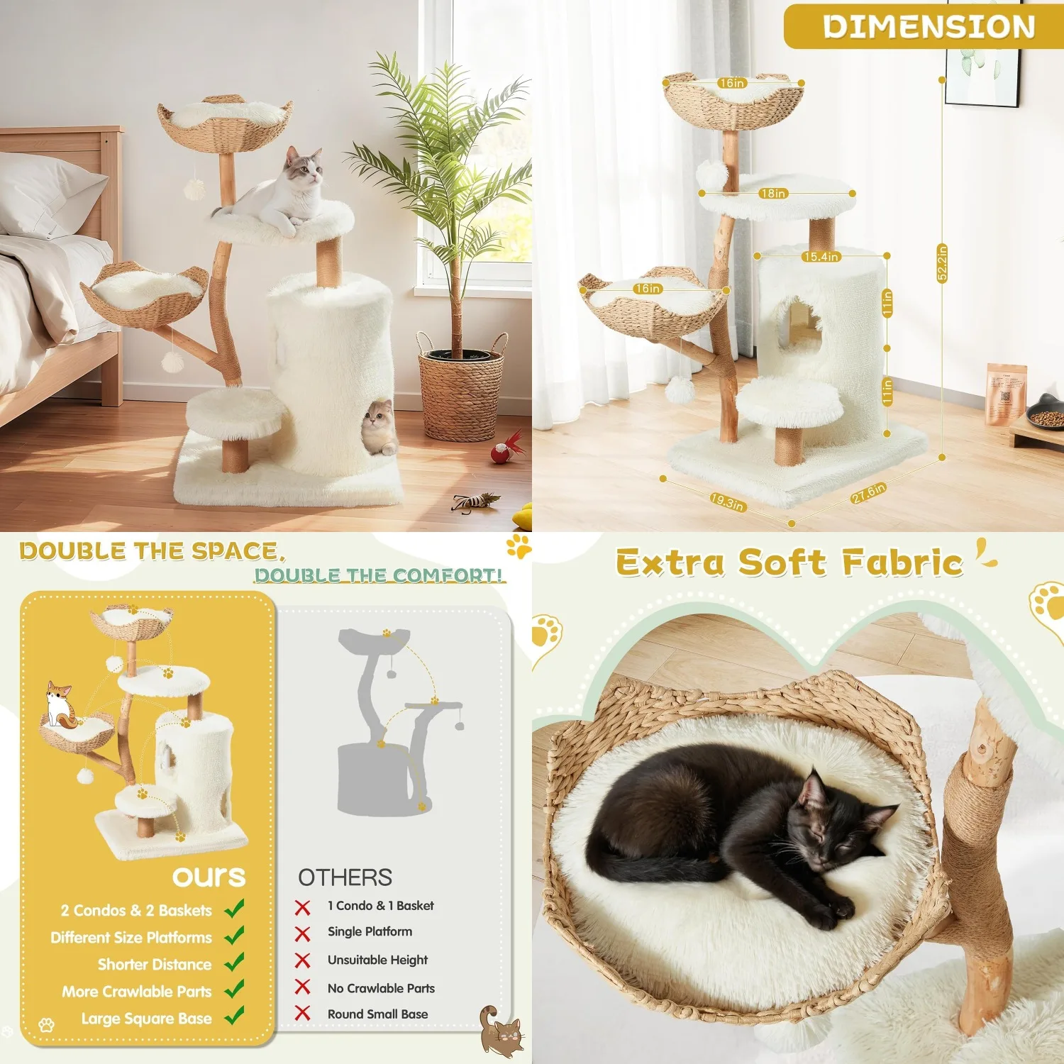 

54" Real Wood Cat Tree for Indoor Cats, Modern Boho Cat Tower with Woven Basket Beds, Natural Branch Scratching, Customized