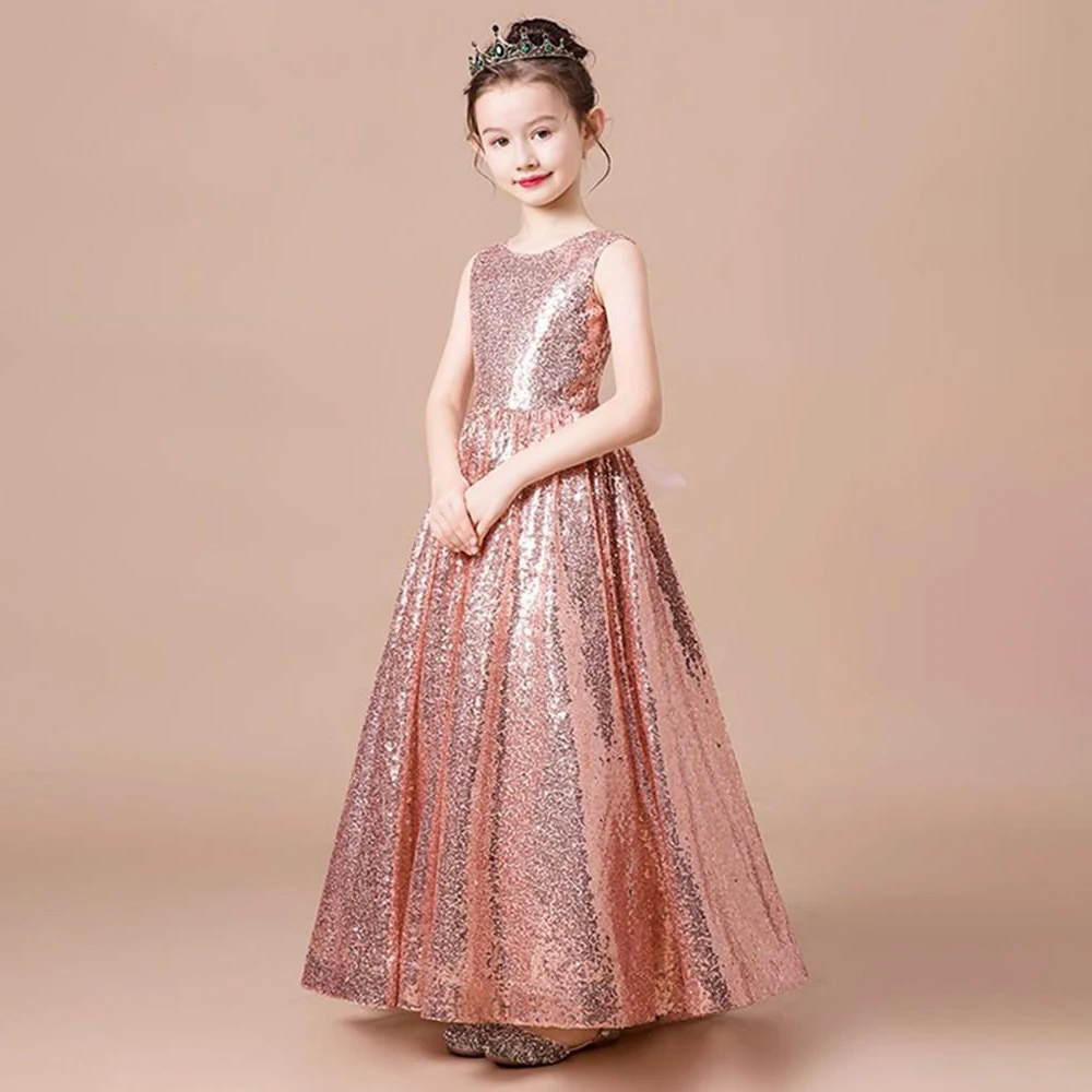 Children Dresses Sleeveless Pink Girls Elegant Dresses Evening Piano Competition Costume Sequins Princess Birthday Party Clothes