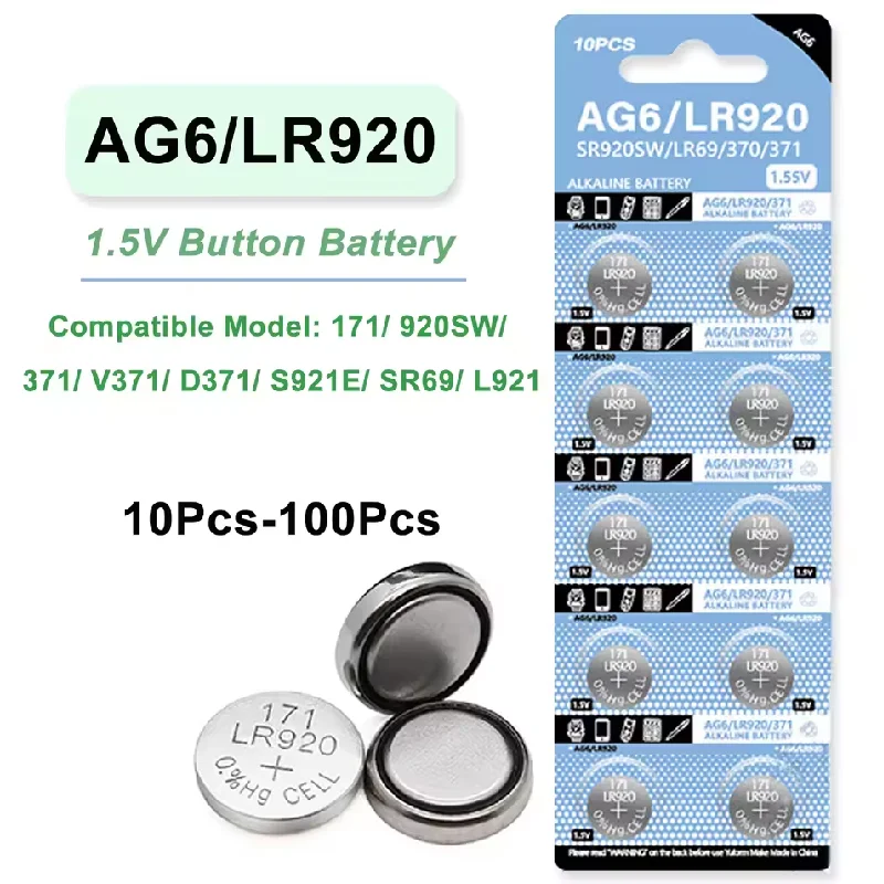 1.55V Coin Battery AG6 371 SR920SW LR920 SR927 171 370 L921 LR69 SR920 Button Batteries for Watch Toys Remote Button Cell