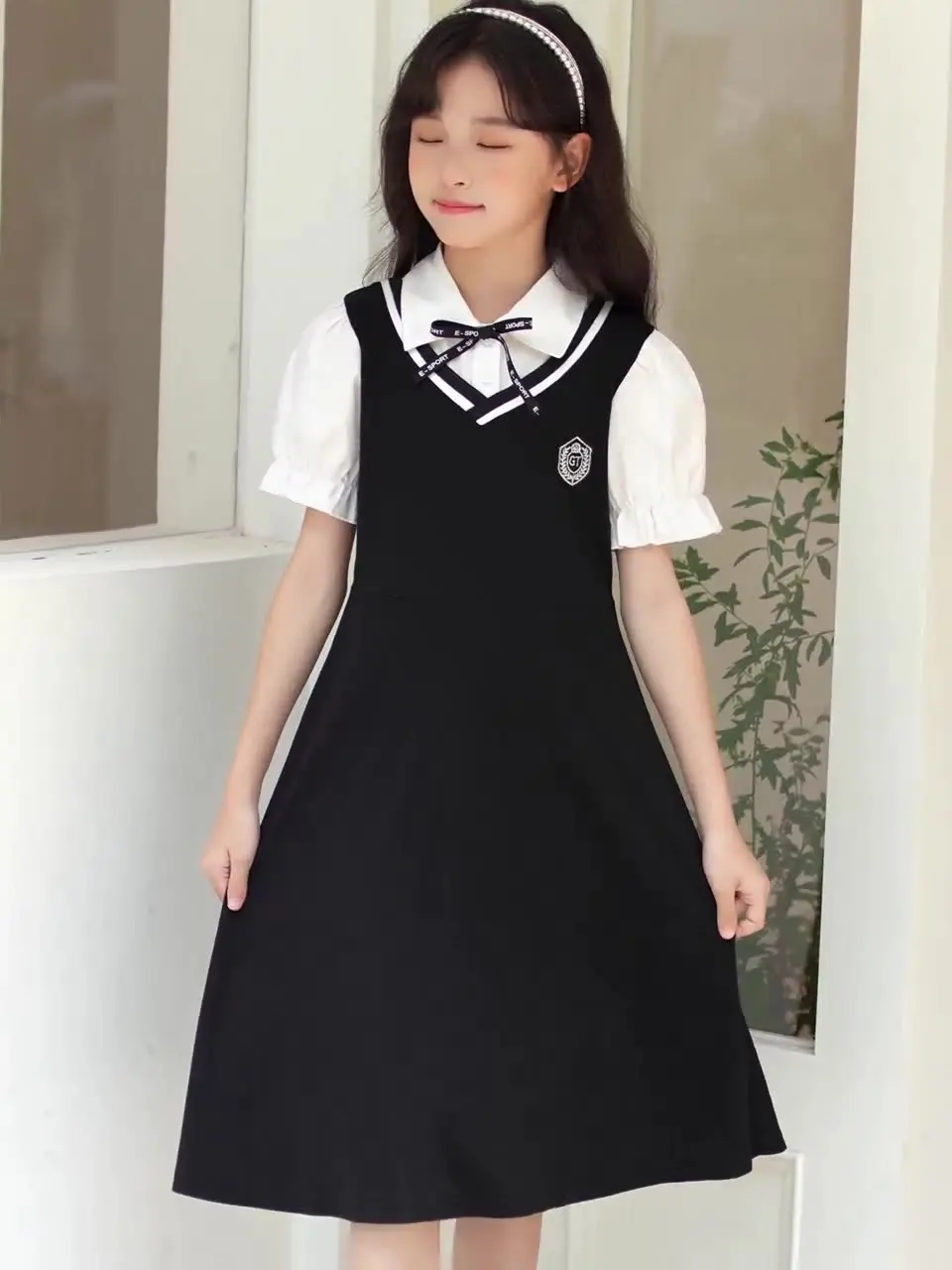

Summer New retro A line Girls long party Dress Cotton bow splicing Teen striped JK Patchwork Clothes Toddler 4 8 10 12 14 Year