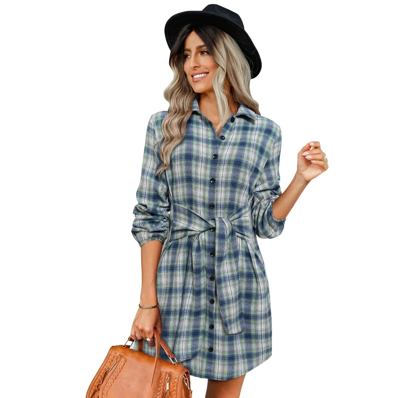 

Women Autumn Long Sleeve Plaid Pattern Tunic Top Shirt Casual Dress Tie Plaid Shirt Dress with Waist Belt Tunic Dresses