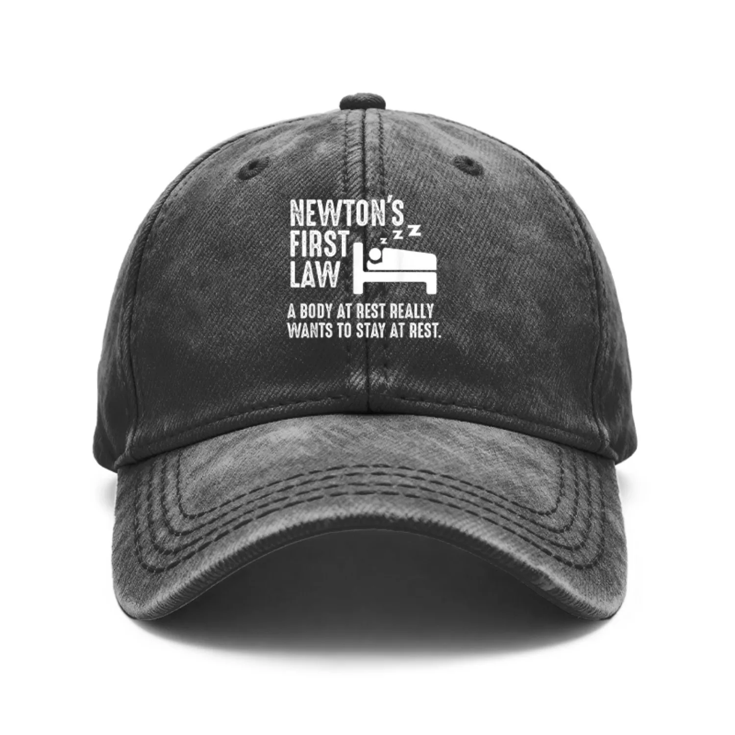 1 Unisex Washable Baseball Cap, Featuring Newton's First Law Fun Science Physics Quotes and Static Object Design, Made from Washable Fabric, Soft and Comfortable, Lightweight and Breathable, with an Adjustable Strap, Curved Brim, and Vintage Distressed Style