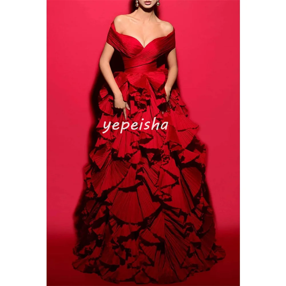 Vestidos largos personalizados a juego con pliegues intrincados, drapeados, corte en A, hombros descubiertos, vestidos para ocasiones a medida de alta calidad