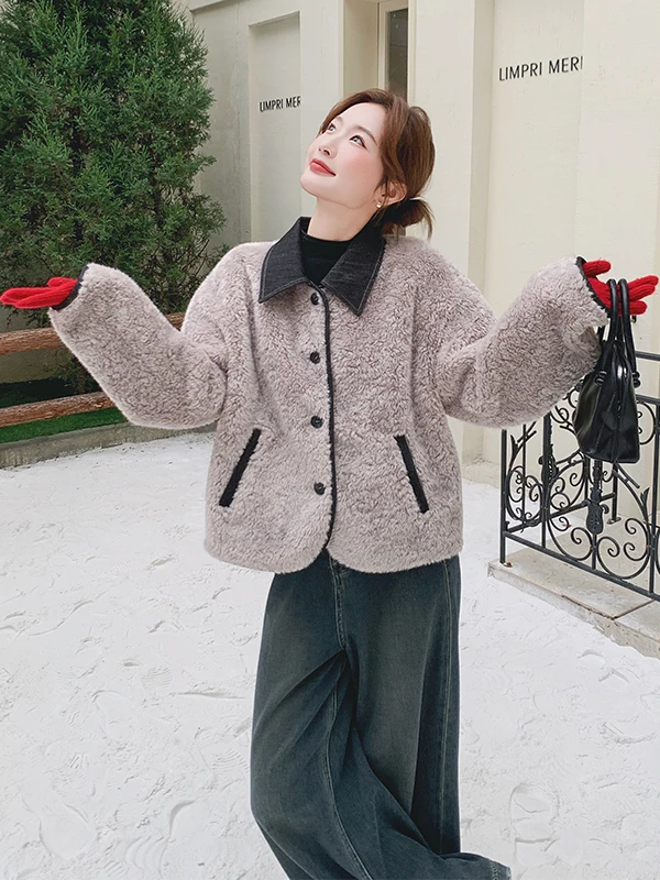 Ladies Thiened Lamb Fur Jaet ort Sle Autumn Winter New Korean Sle Inteated Leather And Fur Warm Casual Loose Fit