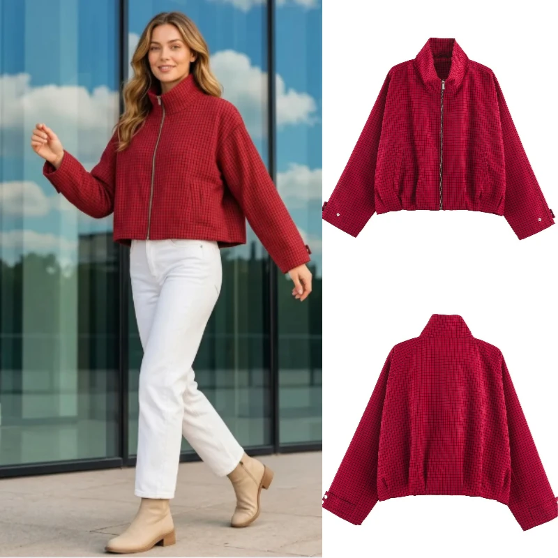 Women's Jacket Coat 2026 Fall New Fashion Plaid Short Loose Long Sleeve Zipper Casual Red Flight Jacketoat
