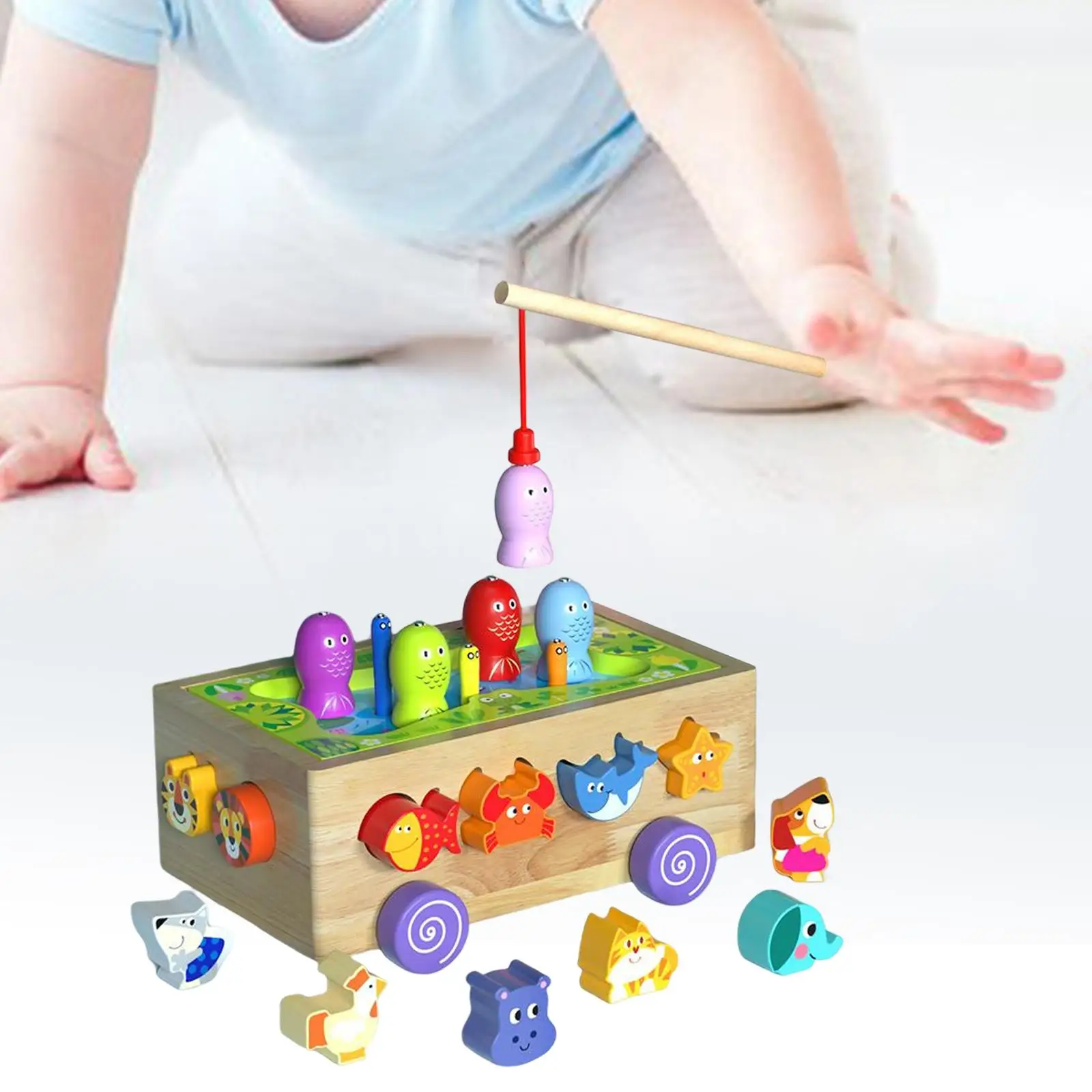 Shape Sorting Game Toy Montessori Wood Toy Developmental Toy Orchard Cart Fising Game for Gifts Ages 3+ Kids Boy Girl Children