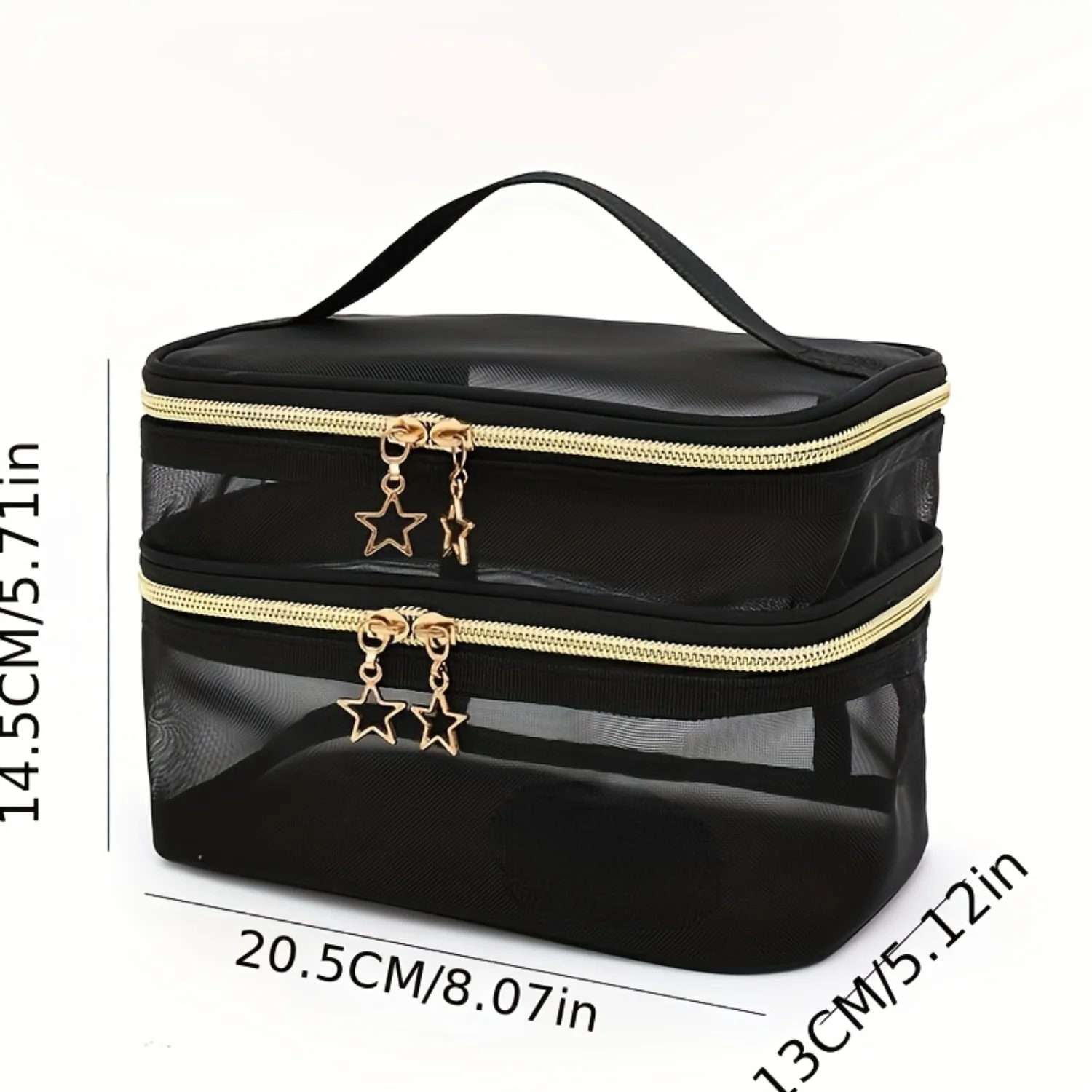 Saco cosmético de viagem de camada dupla, saco de escova de maquiagem, saco de higiene portátil com zíper com alça, saco de lavagem de acessórios de viagem