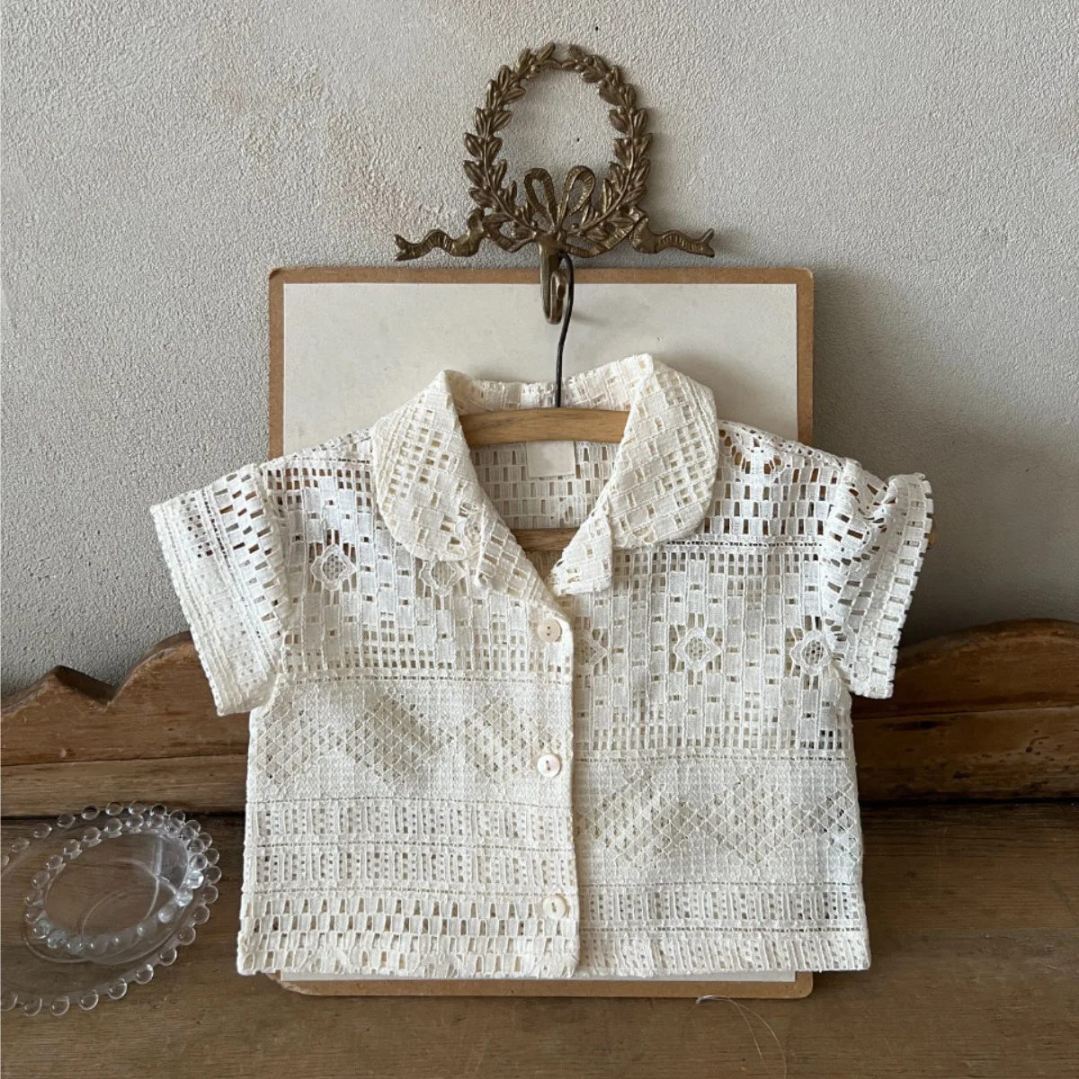 

2025 Summer New Baby Girl Hollow Lace Shirts Infant Boys Short Sleeve Shirts Kids Lapel Tops Cotton Toddler Clothes