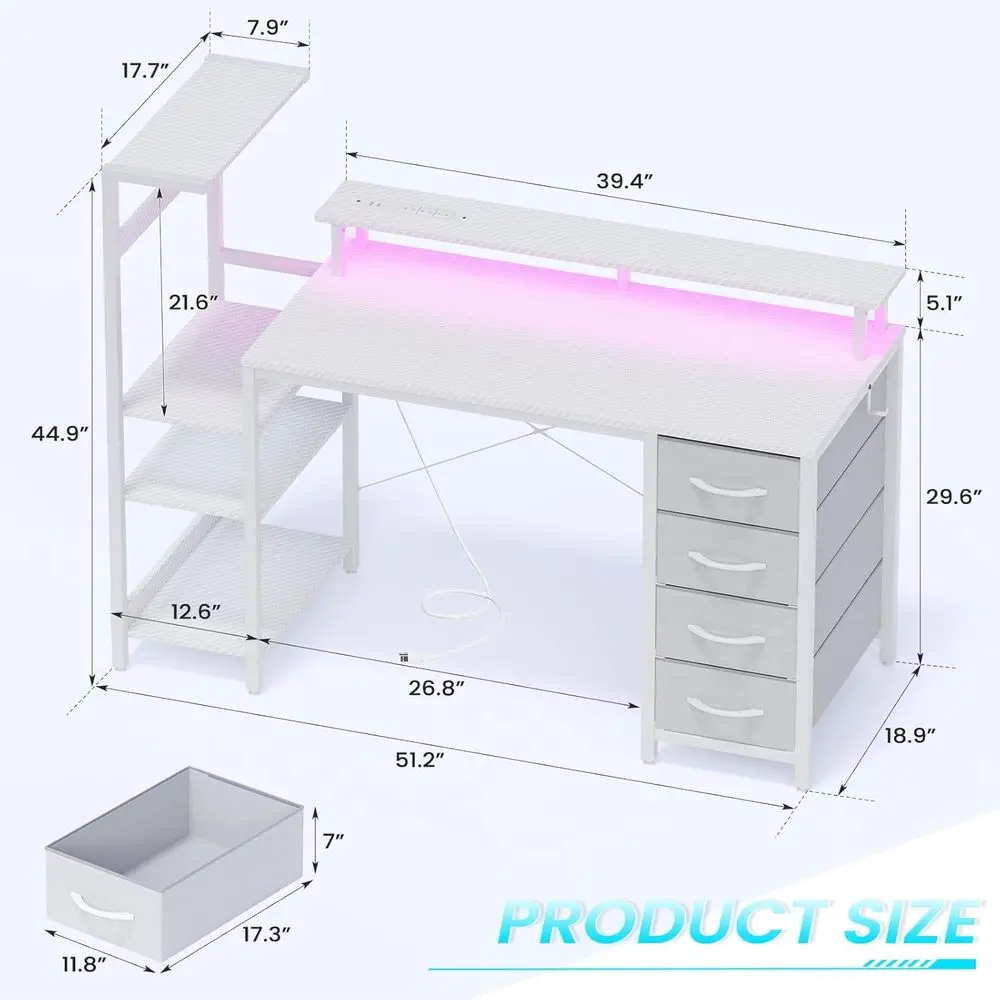 Carbon Fiber White 51 Gaming Desk with 4 Drawers, LED Lights, and Power Outlet for Compact Spaces