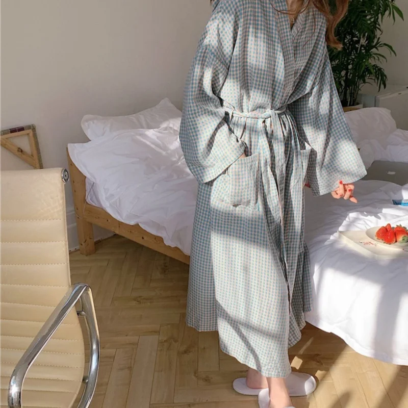 Plaid Robes Women Spring Simple Loose Homewear All-match Ins Korean Fashion Mid-calf Pockets Vintage Comfort Bathrobe College