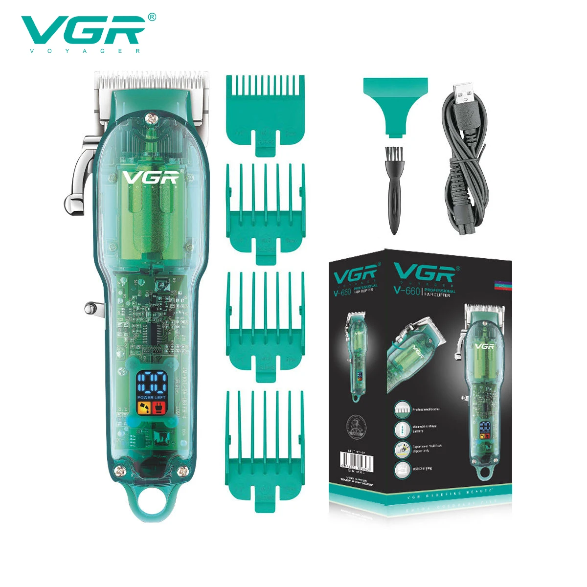 VGR Hair Clipper Transparent Hair Cutting Machine Cordless Hair Trimmer Electric Barber Digital Display Clipper for Men V-660