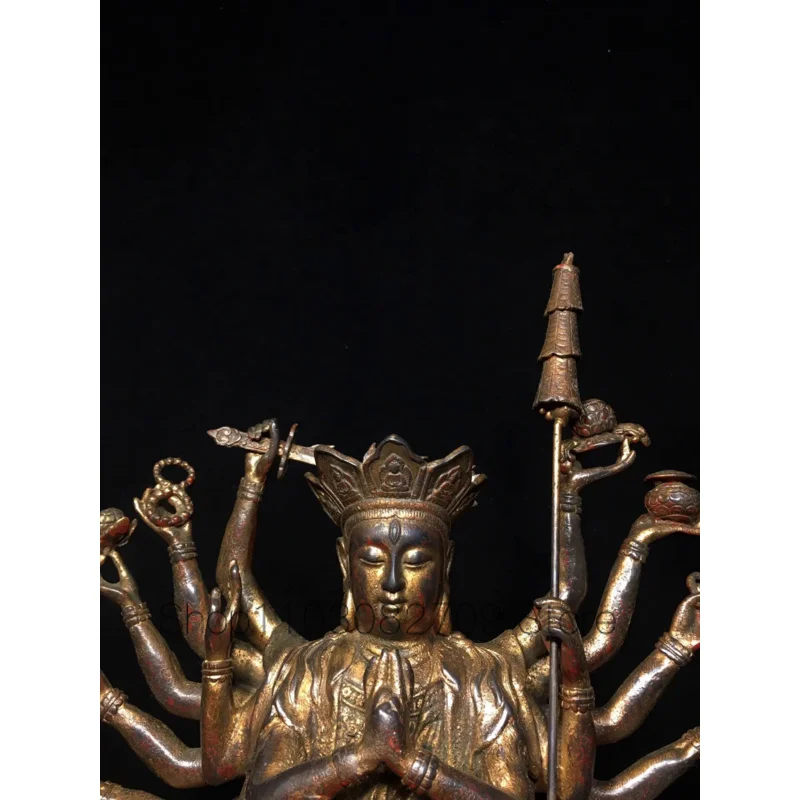 28cm Nepalese Tibetan Pure Copper Mud Gold Stripped Zhunti Buddha Mother Statue Bodhisattva Ornament