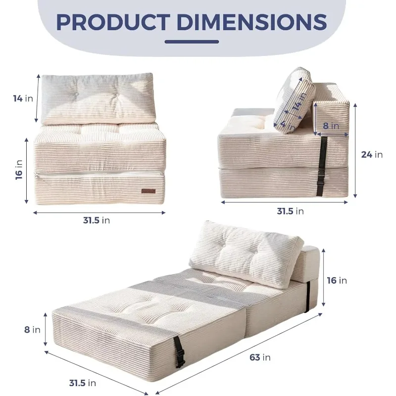 Multifunctional Beige 4 in 1 Convertible Portable Lounge Chair High Density Supported Foam Fabric Upholstery Folding Sofa Bed