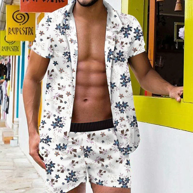 

Hawaiian Men's Clothing 2-piece 3D Small Floral Print Short-sleeved Shirt And Shorts Vacation Street Style 2-piece Sets
