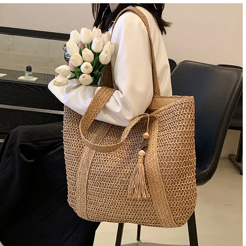 2023 Straw Braided Bag Hand-woven Simple Handbag Holiday Beach Shoulder Bag Casual Trend Women Large Capacity Tote Shopping Bags