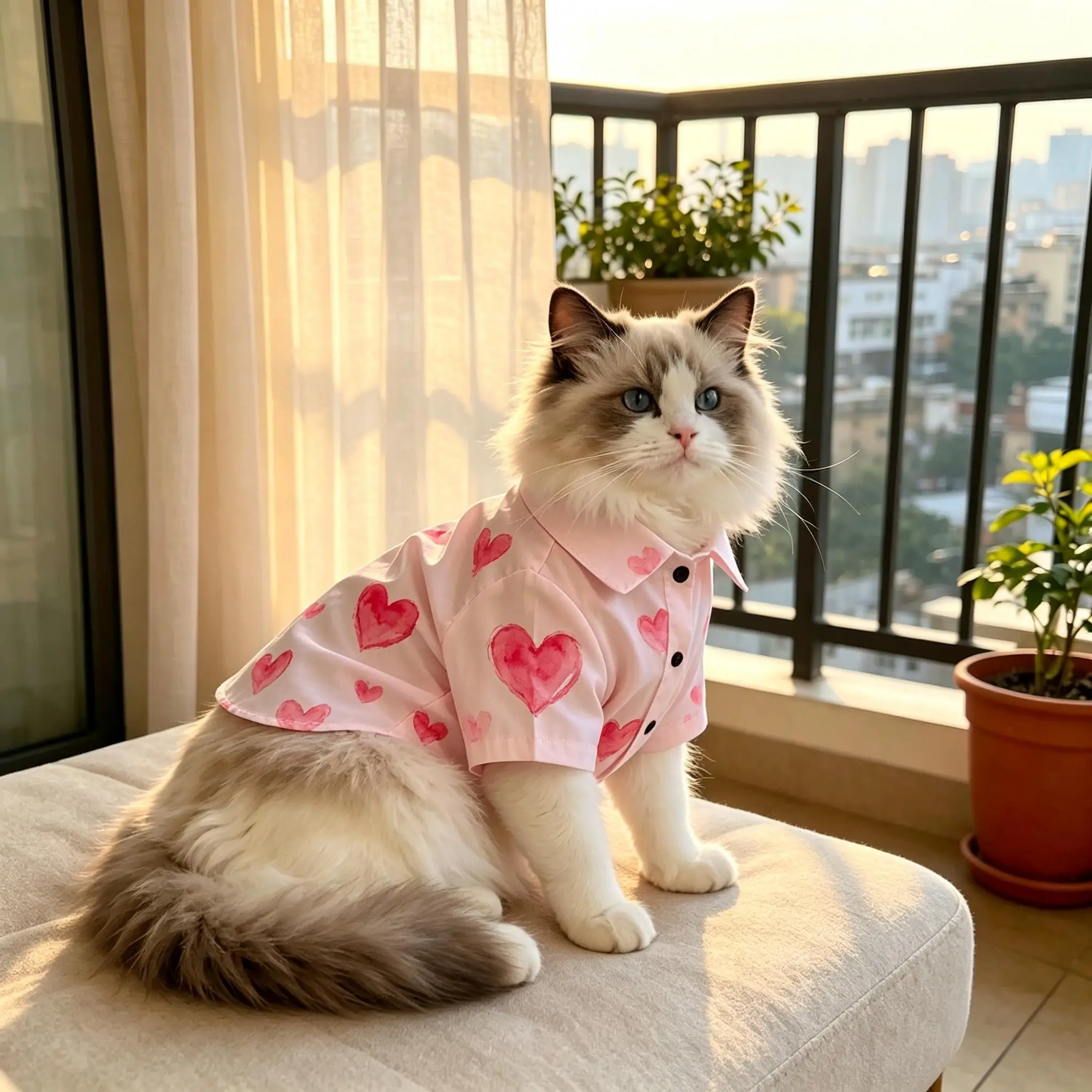 Pet Cat Shirt Beige Green Heart Print Lightweight Button Up for Small Medium Cats Cute Sweet Theme Daily Wear