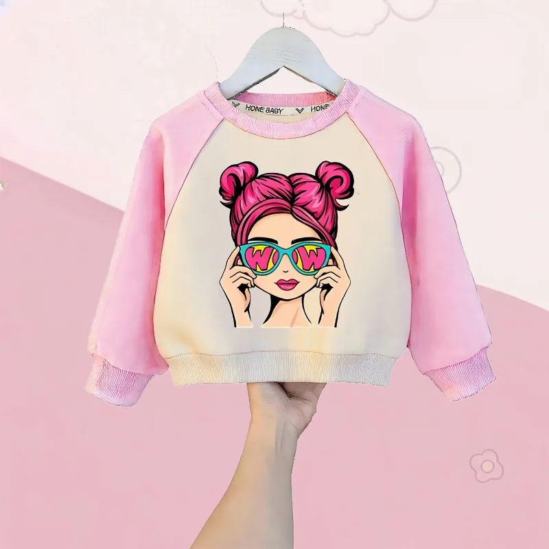 

Spring Autumn Girls Fashion Casual Sweatshirts Cartoon Printed Kids O Neck Hoodies Children Spliced Long Sleeve Pullover