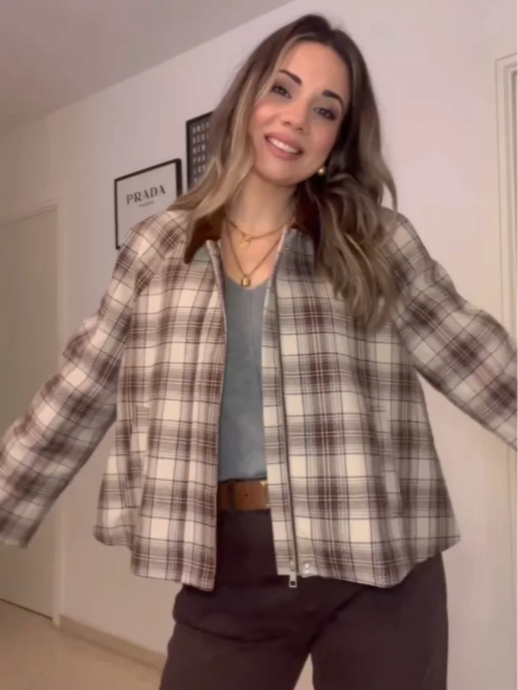 Getäfelten Plaid Drehen-unten Kragen Jacken Frauen Casual Lose Lange Hülse Kurze Jacke Weibliche 2025, Frühling Temperament Outwear tops