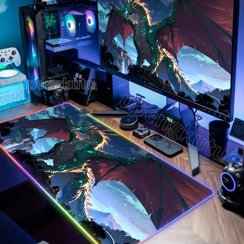 

Коврик для игровой мыши RGB с японским драконом, настольный коврик HD, черные аксессуары для геймеров, большой светодиодный коврик для мыши XXL, ковер для ПК, компьютера с подсветкой