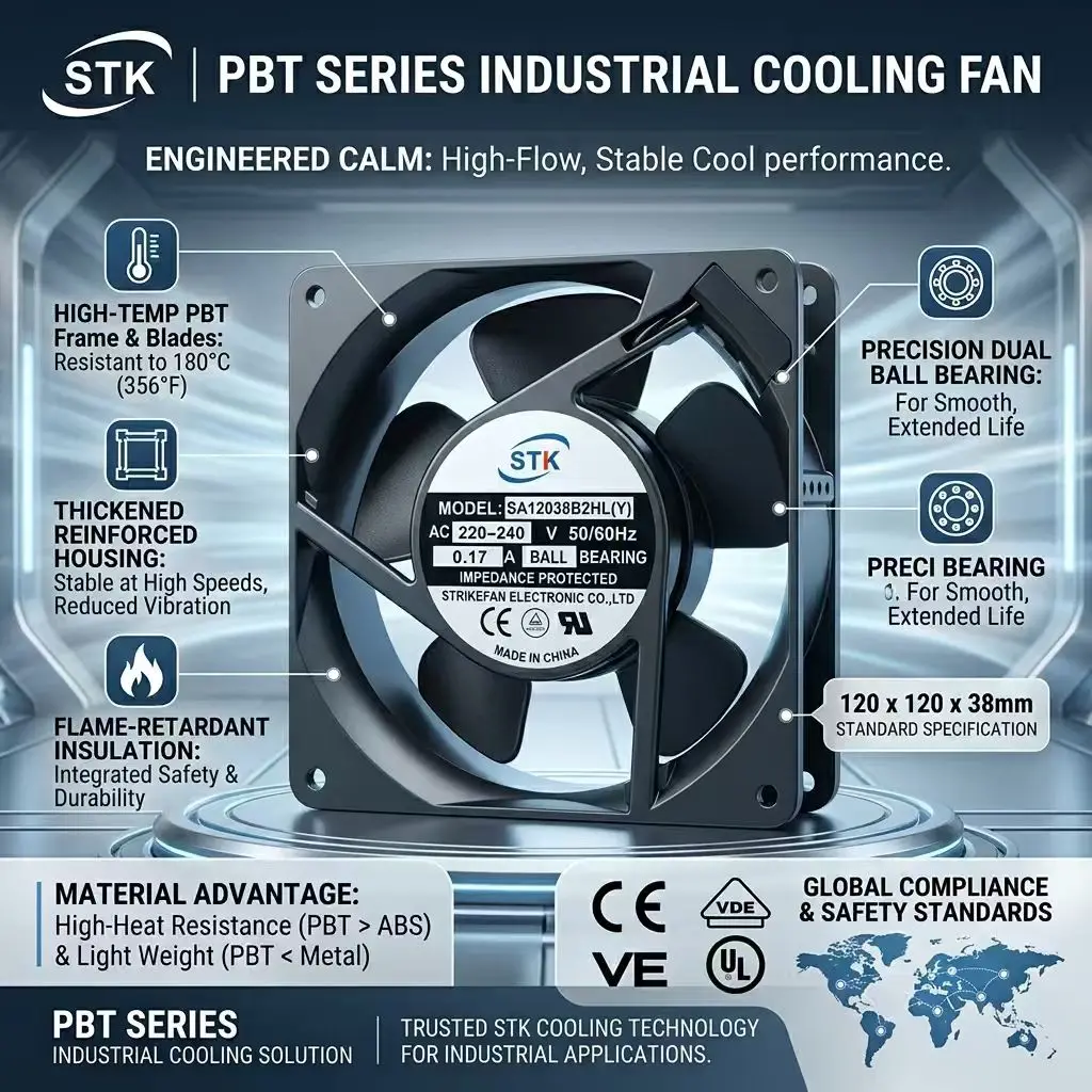 For STK SA12038B2HL(Y) AC 220V-240V 0.17A 12038 Ball Bearing Industrial AC Cooling Fan PBT Flame Retardant Ventilation Fan