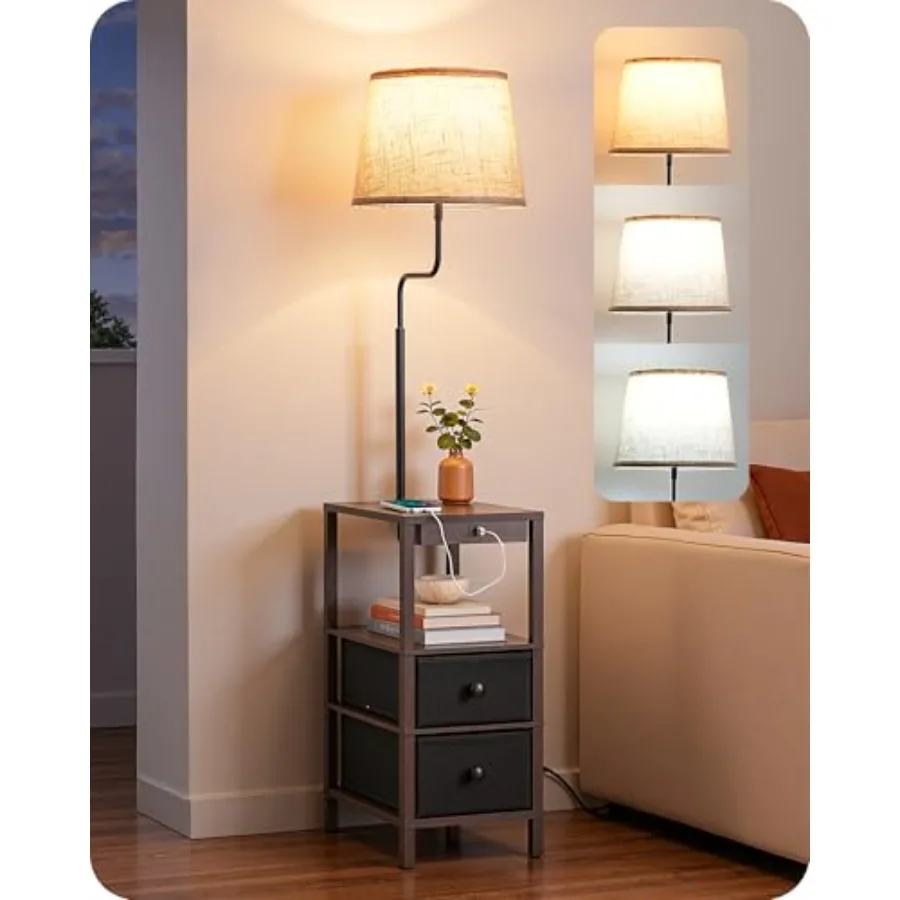 

Floor Lamps for Living Room, Dimmable Bedside Floor Lamp with Table and 2 Shelves, USB-A+Type-C Port, Farmhouse Standing Light
