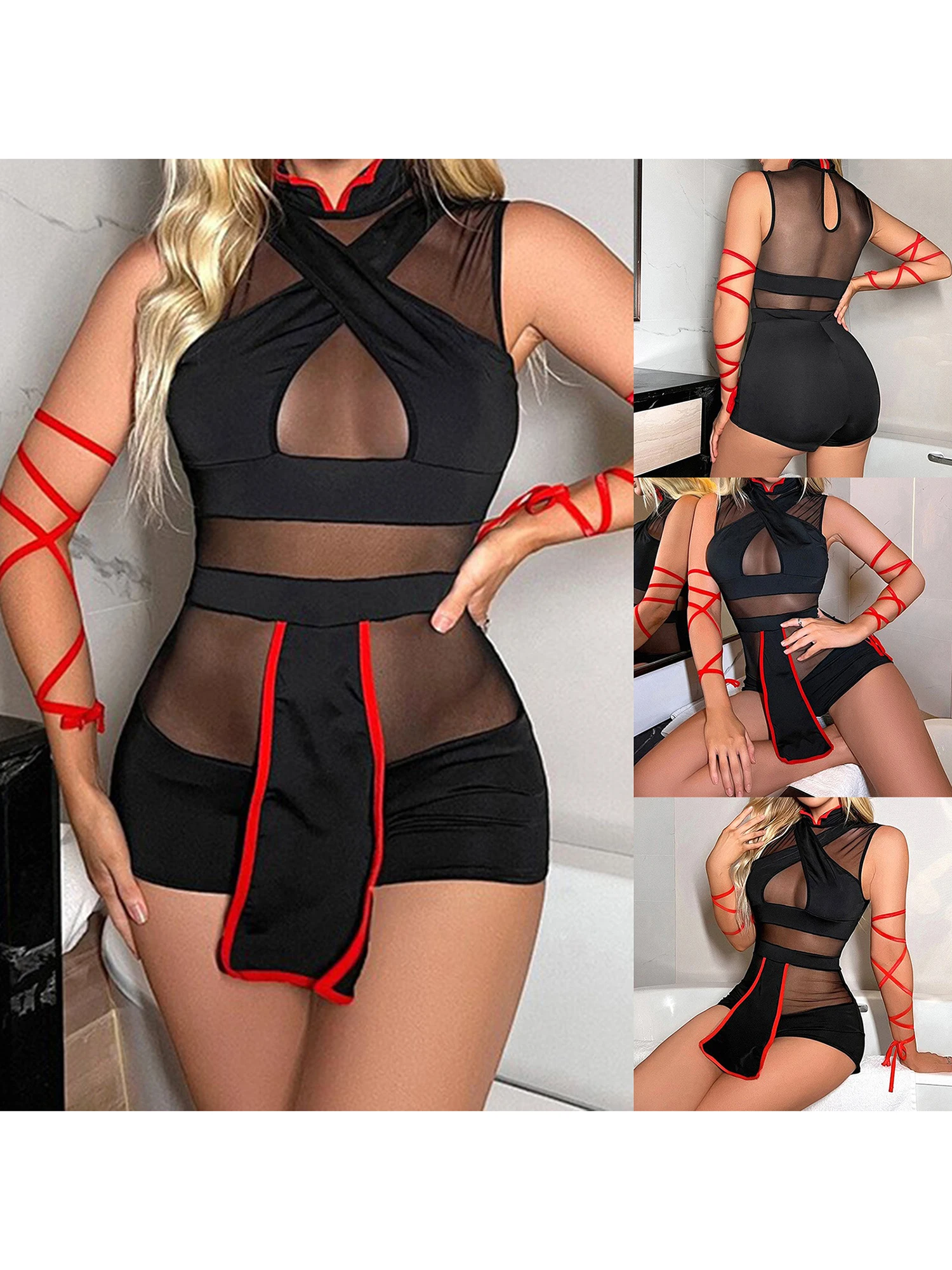 Samurai Warrior-kostuum voor dames, mouwloze jumpsuit met mesh-paneel, tailleband en dijhoge laarzen voor Halloween Cosplay