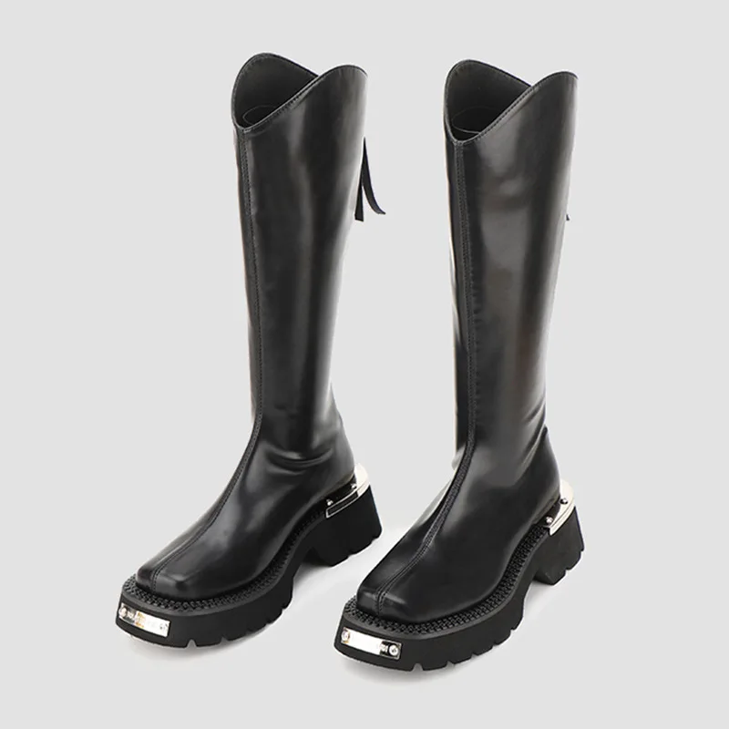 

Sweet Cool V-shape Knee-High Boots Women New Style Niche Square Toe Knights Boots Motorcycle Boots Rear Zipper High Tube Boots