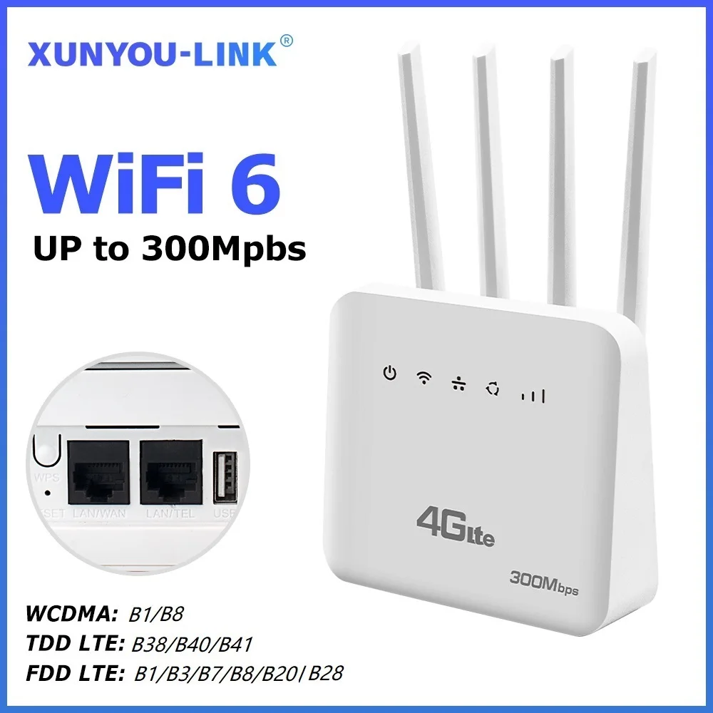 Routeur WiFi 4G LTE XUNYOU-LINK, Modem WiFi 6 avec carte SIM, 300 Mbps à haute vitesse, routeurs compatibles avec 32 appareils, point d'accès mobile.
