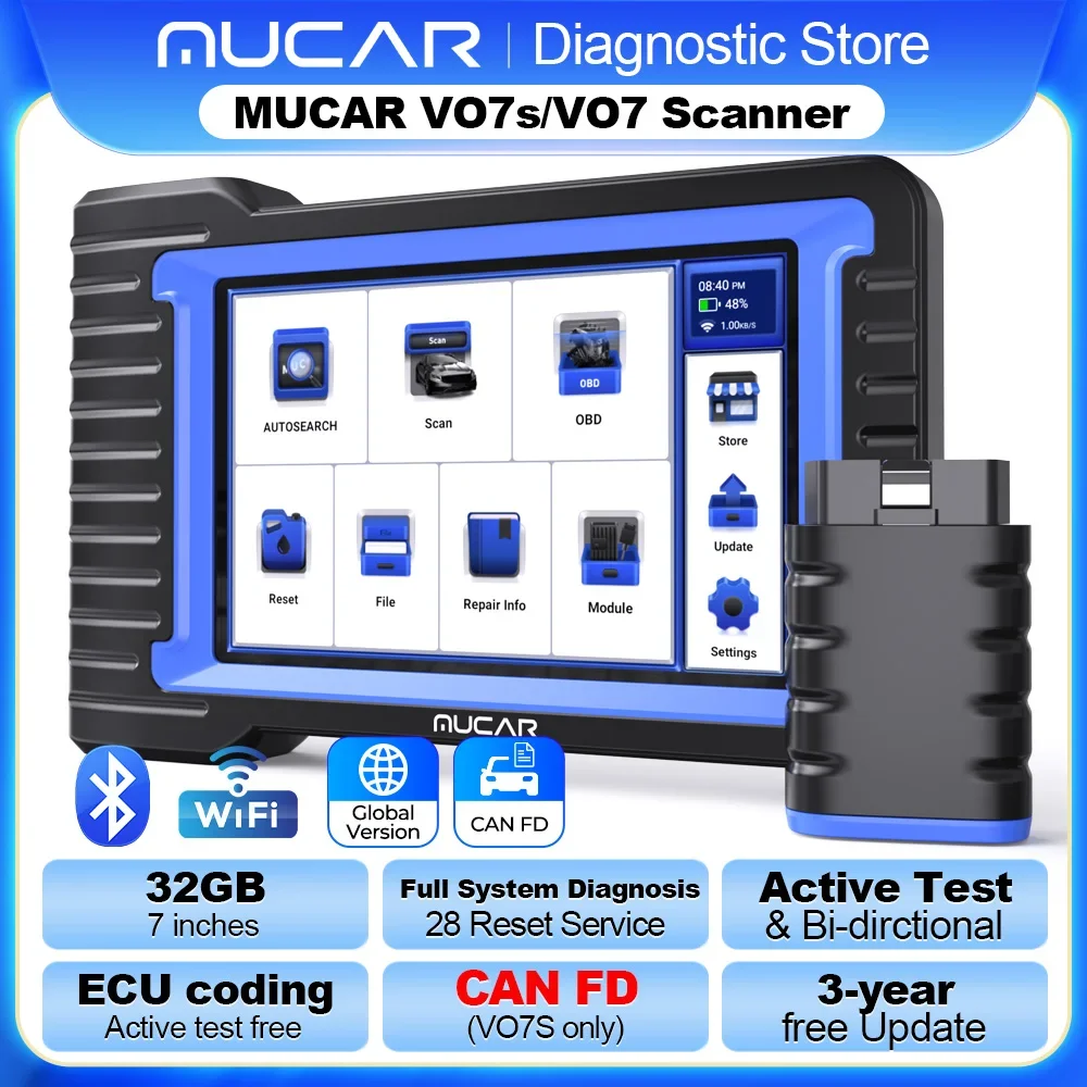 Mucar vo7s ferramenta de diagnóstico do carro obd2 scanner ecu codificação 28 redefinir teste ativo 32g sistema completo ferramentas diagnóstico do scanner do carro