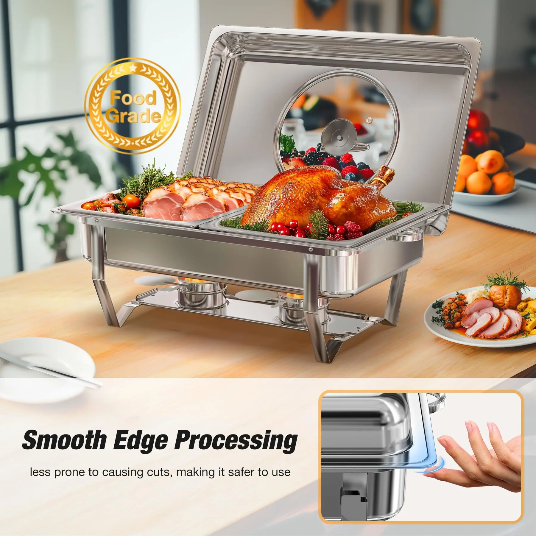 Juego de platos para frotar de 8 cuartos, paquete de 4, juego de calentador de alimentos de acero inoxidable con tapa de vidrio plegable, sartén de agua de tamaño completo