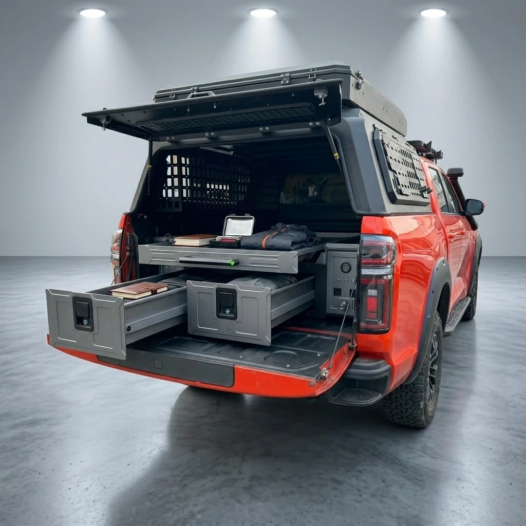 Aluminum Alloy 2-Drawer Truck Bed Storage Drawer System with Tray Power Station for Cannon F150 Ranger Ute Off-road