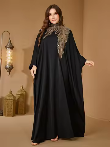 UNITHORSE Plus Women's Mandarin Collar Batwing Sleeve Sequin Patchwork Satinn Temperament Elegant Slim-Fitting Evening Dress