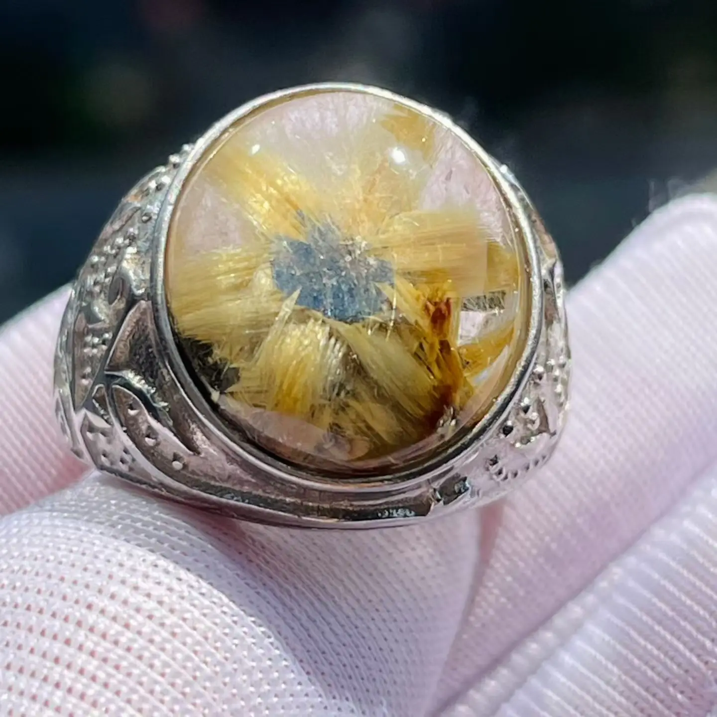 

Natural Gold Rutilated Quartz Adjustable Ring Women 925 Silver 16*13mm Rutilated Beads AAAAAA