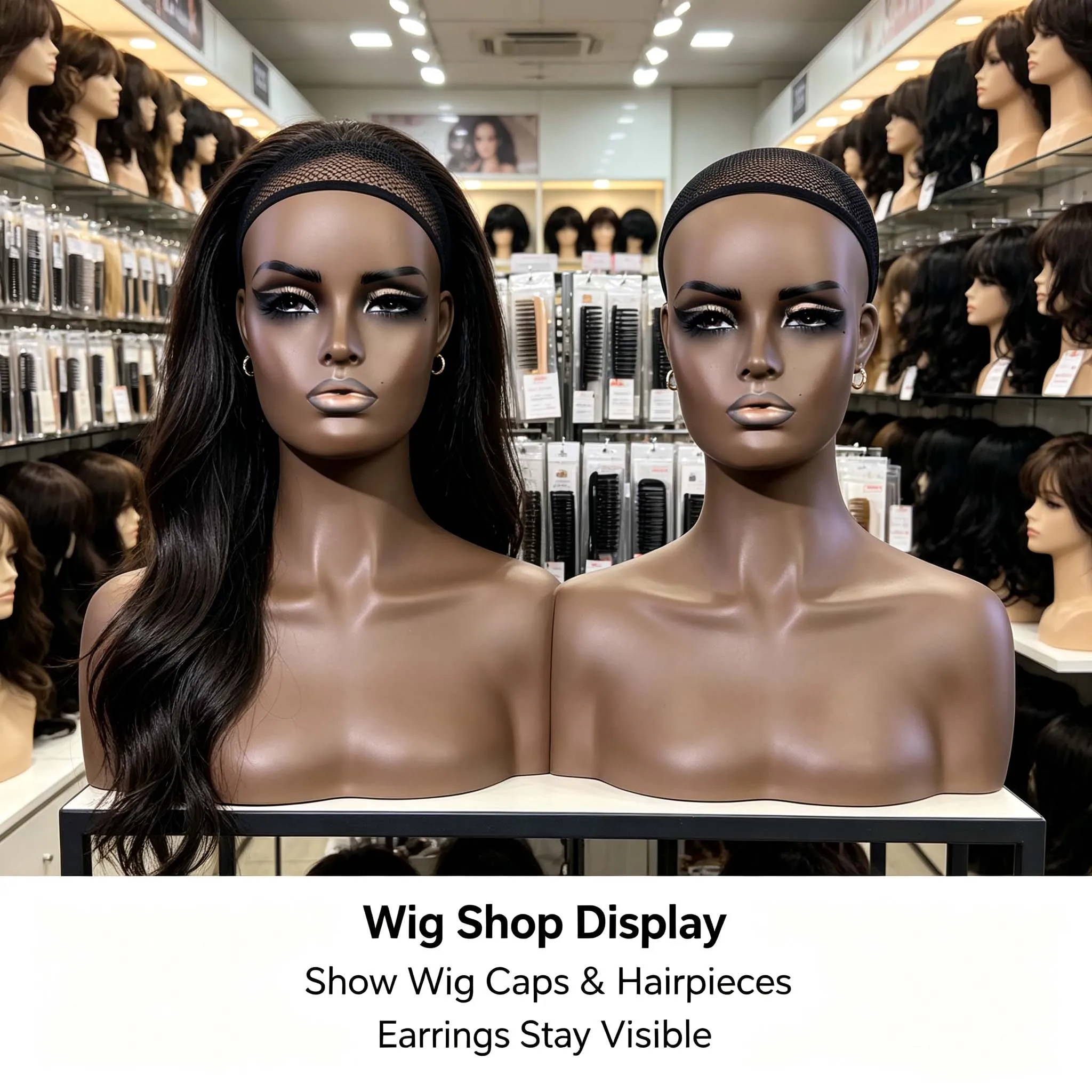 2PC USA Warehouse Free Shipping Realistic Dark Skin Tone Female Mannequin Bust Set, Manikin Head Shoulders for Hat Wig & Jewelry Accessories Display